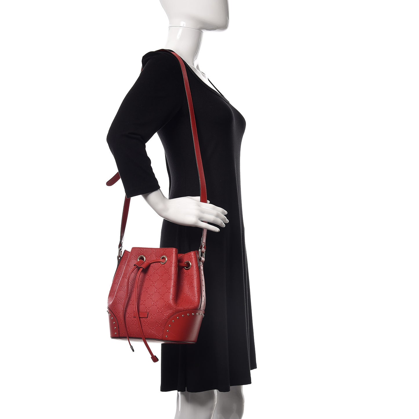 HIlary Lux GG Monogram Embossed Studded Small Bucket Bag Tobasco
