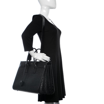 Saint Laurent Calfskin Crocodile Embossed Large Sac De Jour Carryall Black 2 of 26