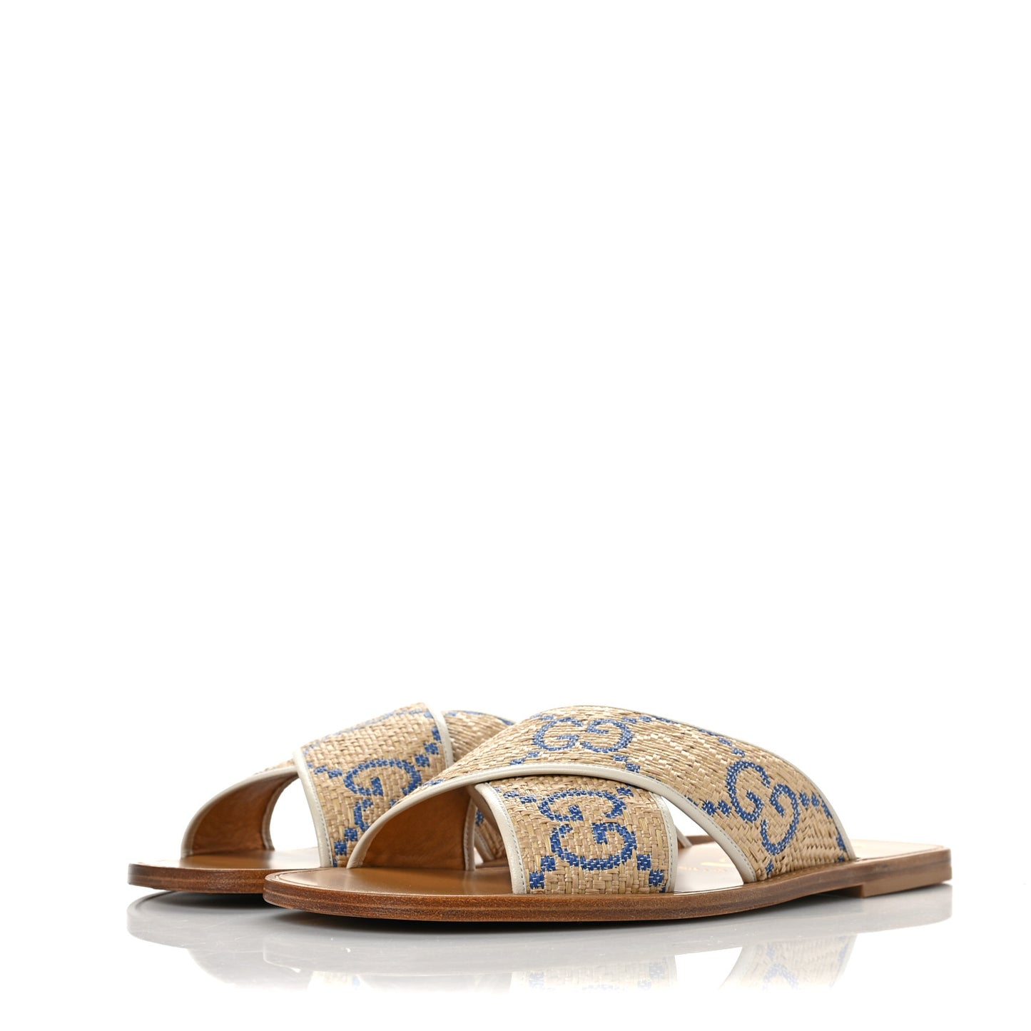 Raffia GG Monogram Ember Criss Cross Slide Sandals 12 Natural Royale Mystic White