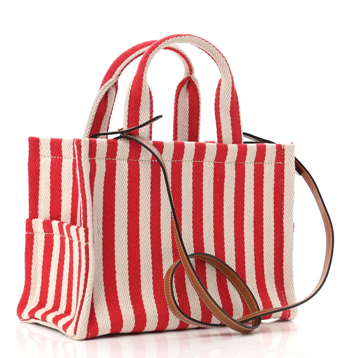 Canvas Calfskin Striped Triomphe Small Cabas Thais Natural Red