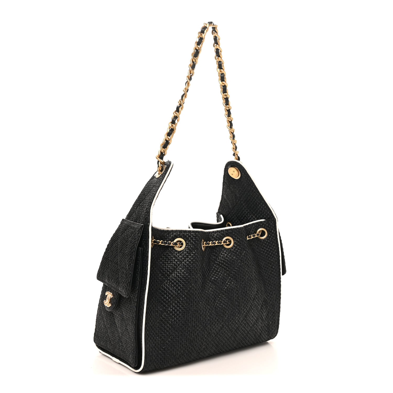 Chanel Braided Raffia Calfskin Quilted Small Chanel 25 Handbag Black White 2 of 9