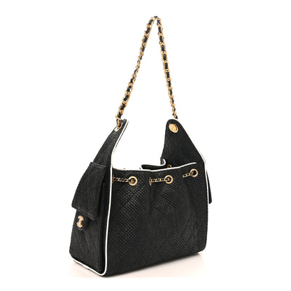 Chanel Braided Raffia Calfskin Quilted Small Chanel 25 Handbag Black White 2 of 9
