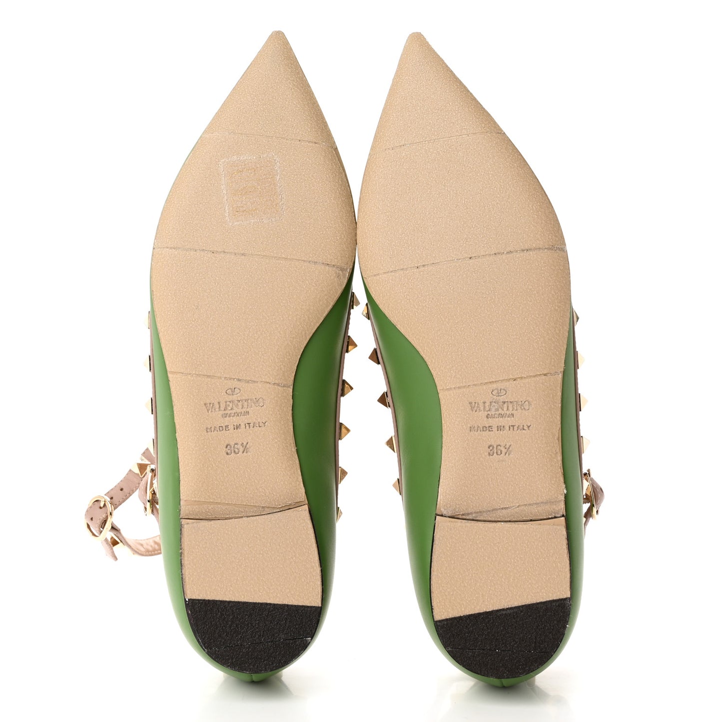 Calfskin Rockstud Cage Ballerina Flats 36.5 Deep Clover Poudre