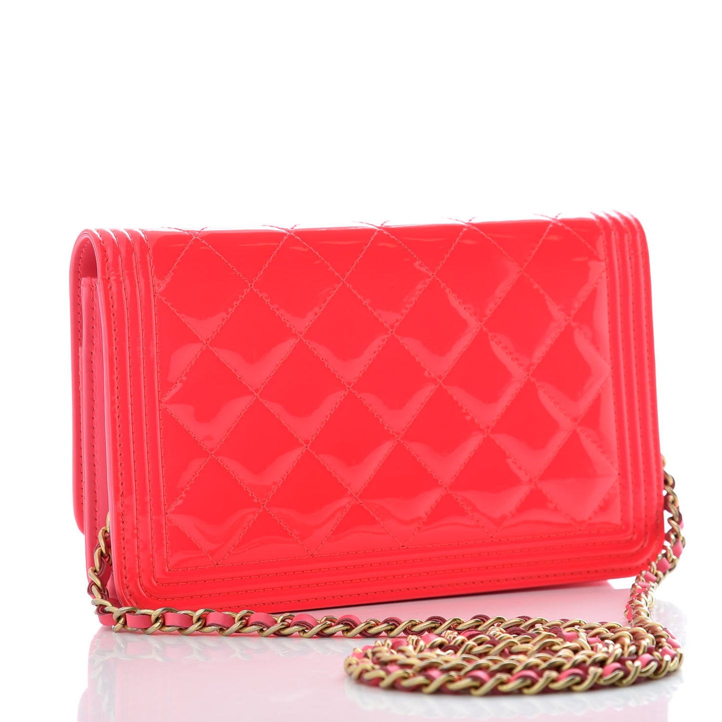 Patent Calfskin Quilted Boy Wallet On Chain WOC Pink