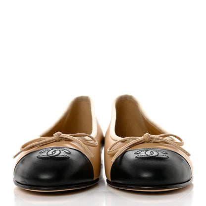 Chanel Lambskin Cap Toe CC Ballerina Flats 36 Beige Black 2 of 9