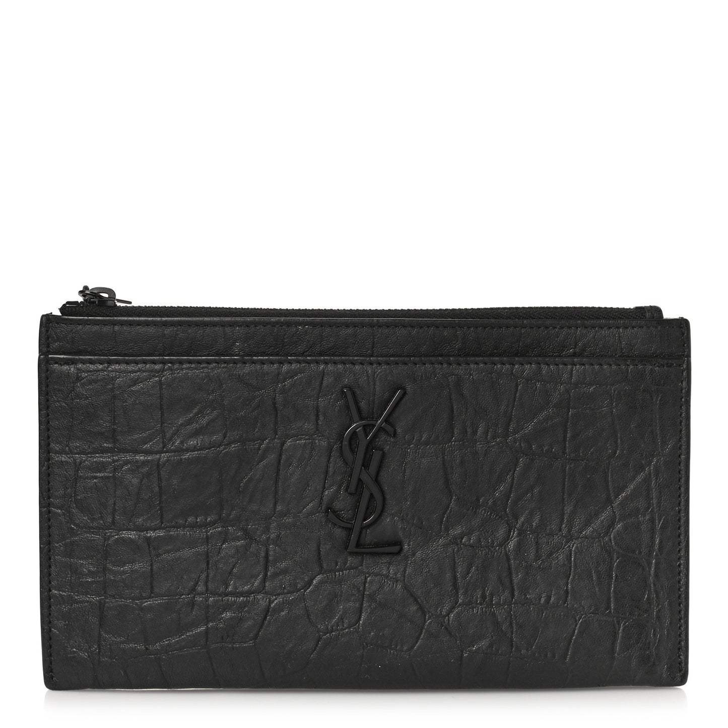 Calfskin Crocodile Embossed Monogram Zip Bill Pouch Black