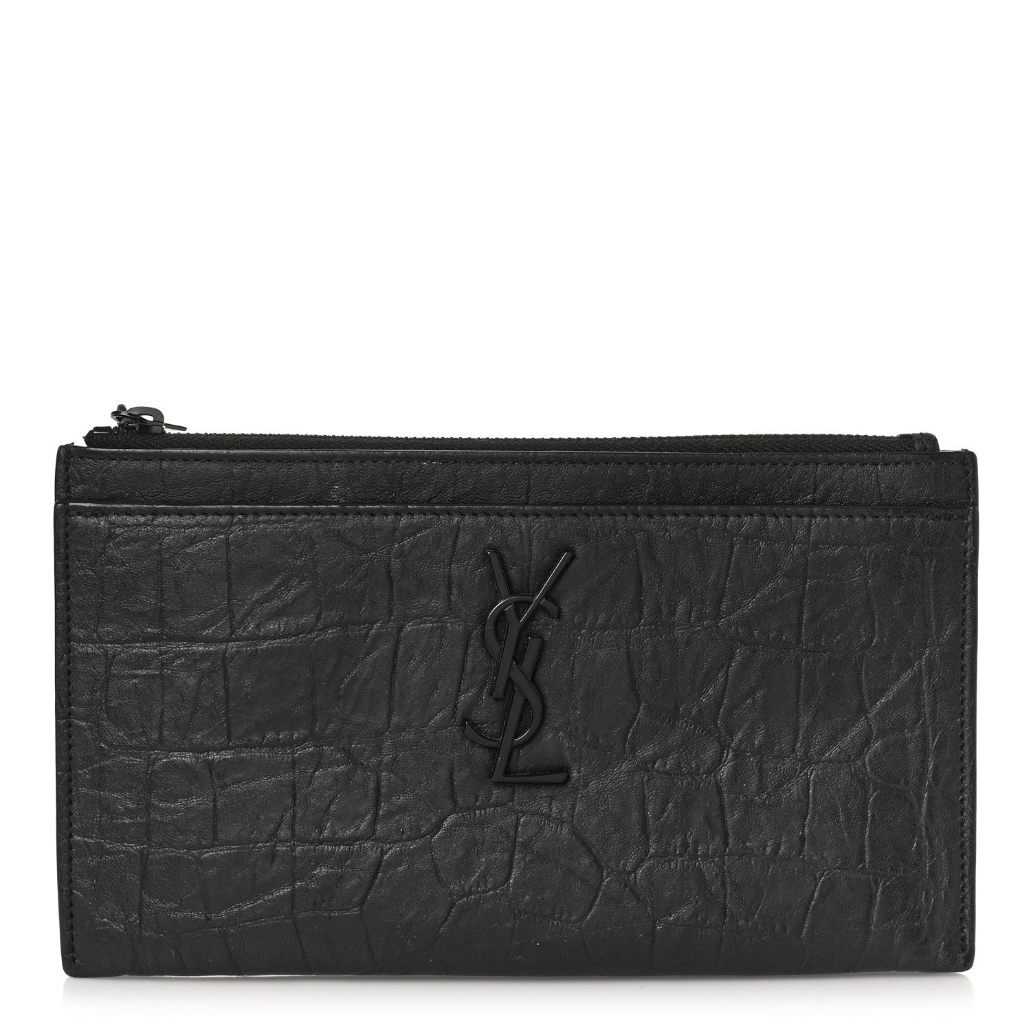Saint Laurent Calfskin Crocodile Embossed Monogram Zip Bill Pouch Black 1 of 9