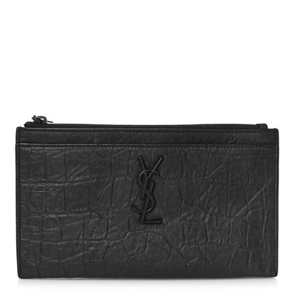 Saint Laurent Calfskin Crocodile Embossed Monogram Zip Bill Pouch Black 1 of 9