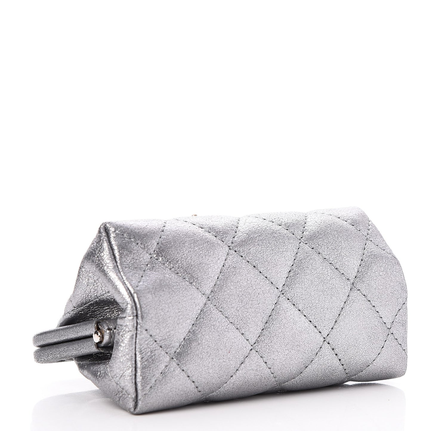 Metallic Calfskin Quilted Charm Coin Wallet Silver