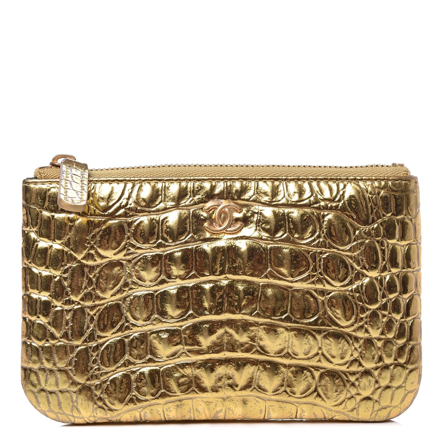 Chanel Metallic Calfskin Crocodile Embossed Cocodile Small Cosmetic Case Gold 1 of 7