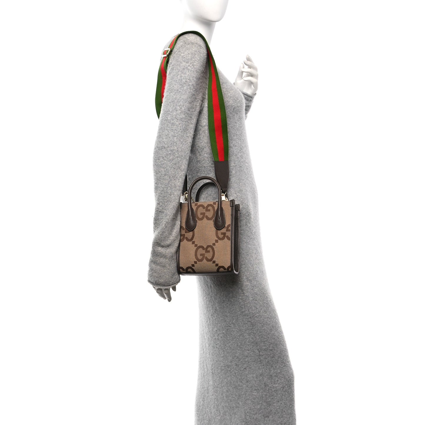 Monogram Jumbo GG Textured Dollar Calfskin Web Mini Vertical Tote Camel Ebony New Acero