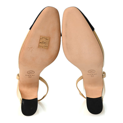 Chanel Goatskin Grosgrain Cap Toe CC Slingback Pumps 37 Beige Black 6 of 9