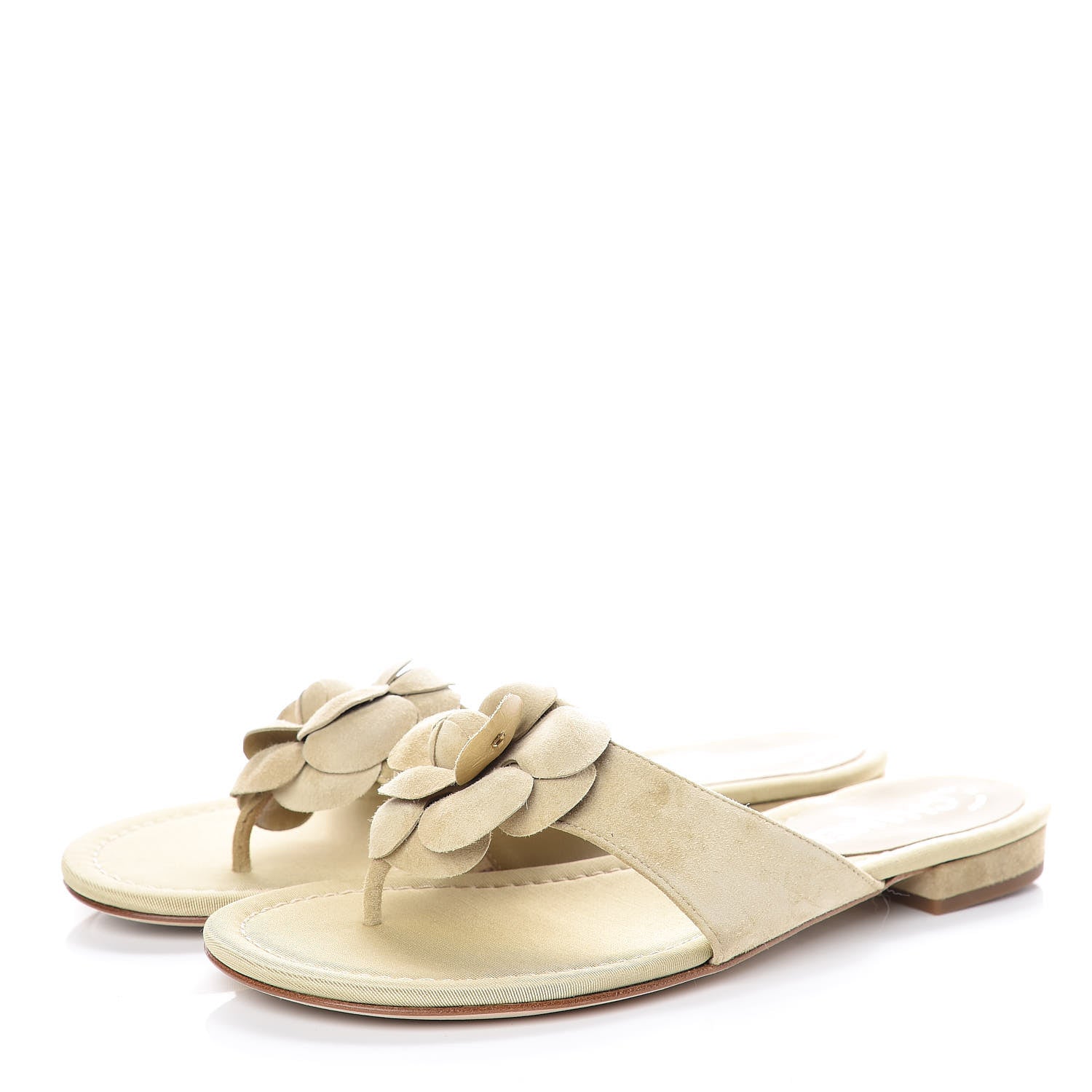 Chanel Suede Calfskin Camellia Thong Sandals 37.5 Beige 3 of 11