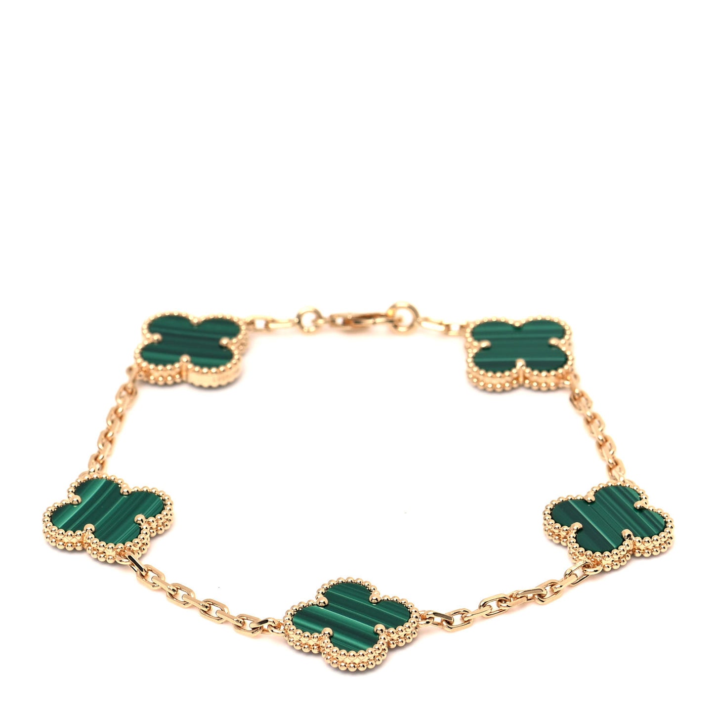 18K Yellow Gold Malachite 5 Motifs Vintage Alhambra Bracelet