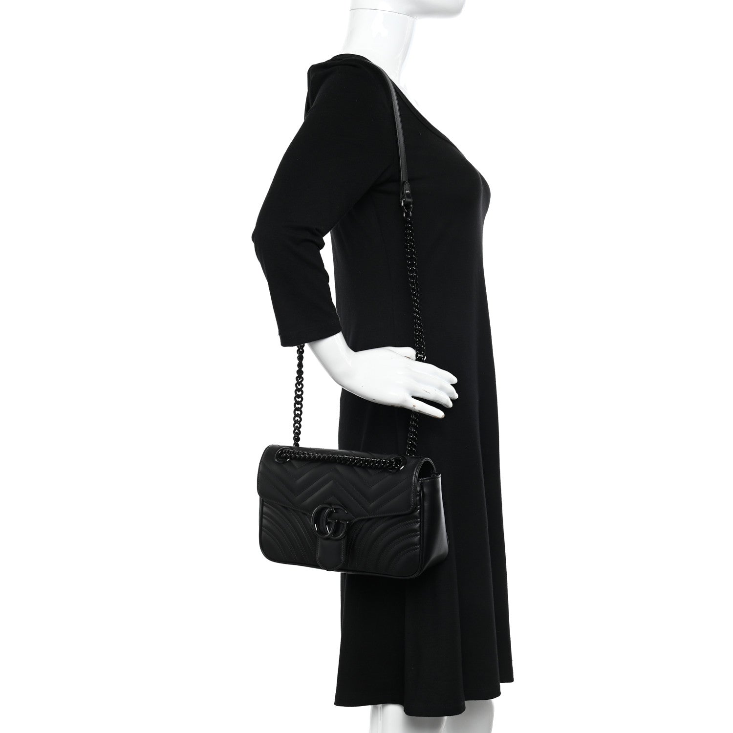 Gucci Calfskin Matelasse Monochrome Small GG Marmont Shoulder Bag Black 2 of 10