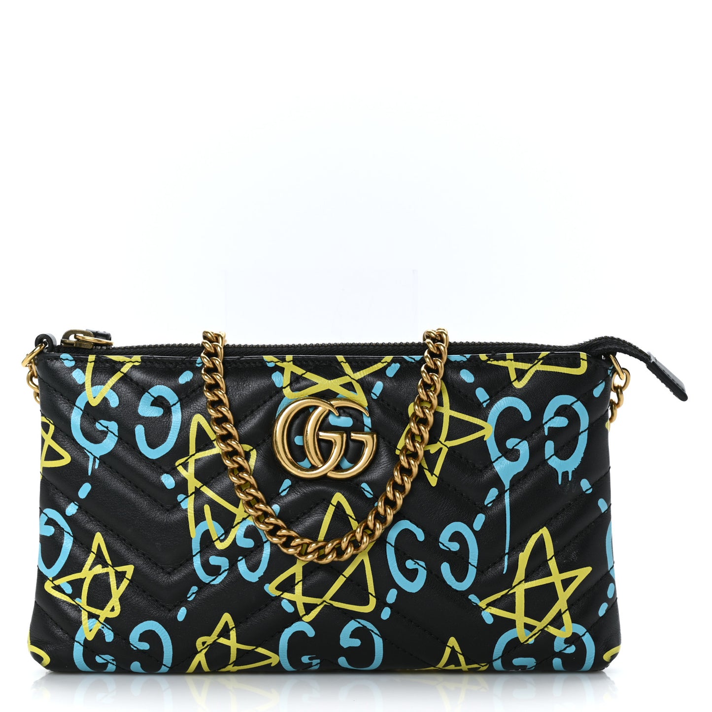 Calfskin Matelasse Printed Mini GucciGhost GG Marmont Chain Bag Black New Acquamarine