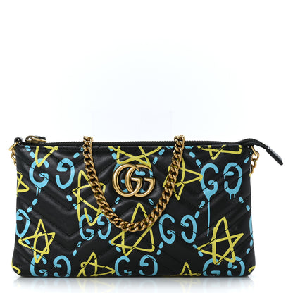 Gucci Calfskin Matelasse Printed Mini GucciGhost GG Marmont Chain Bag Black New Acquamarine 1 of 9