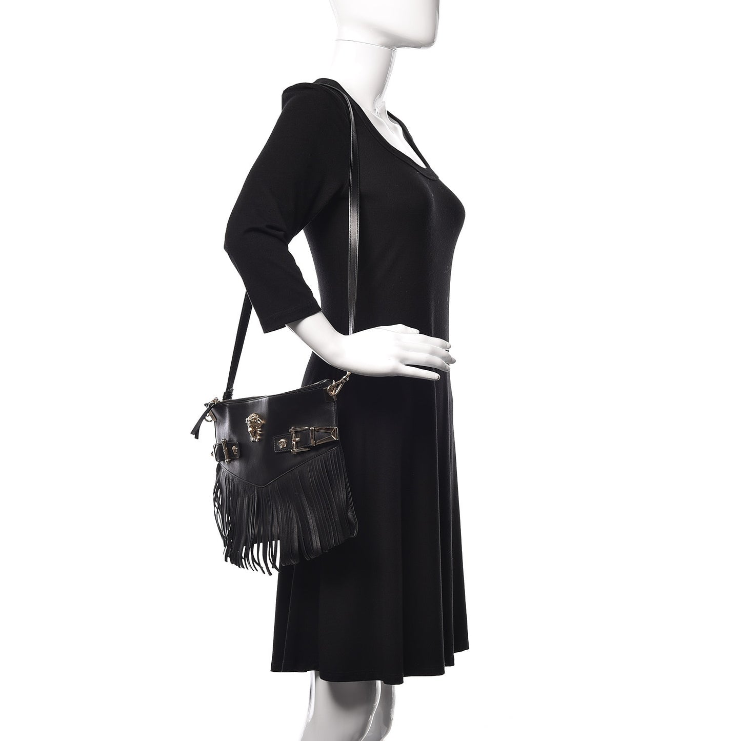 Calfskin Palazzo Fringe Crossbody Bag Black