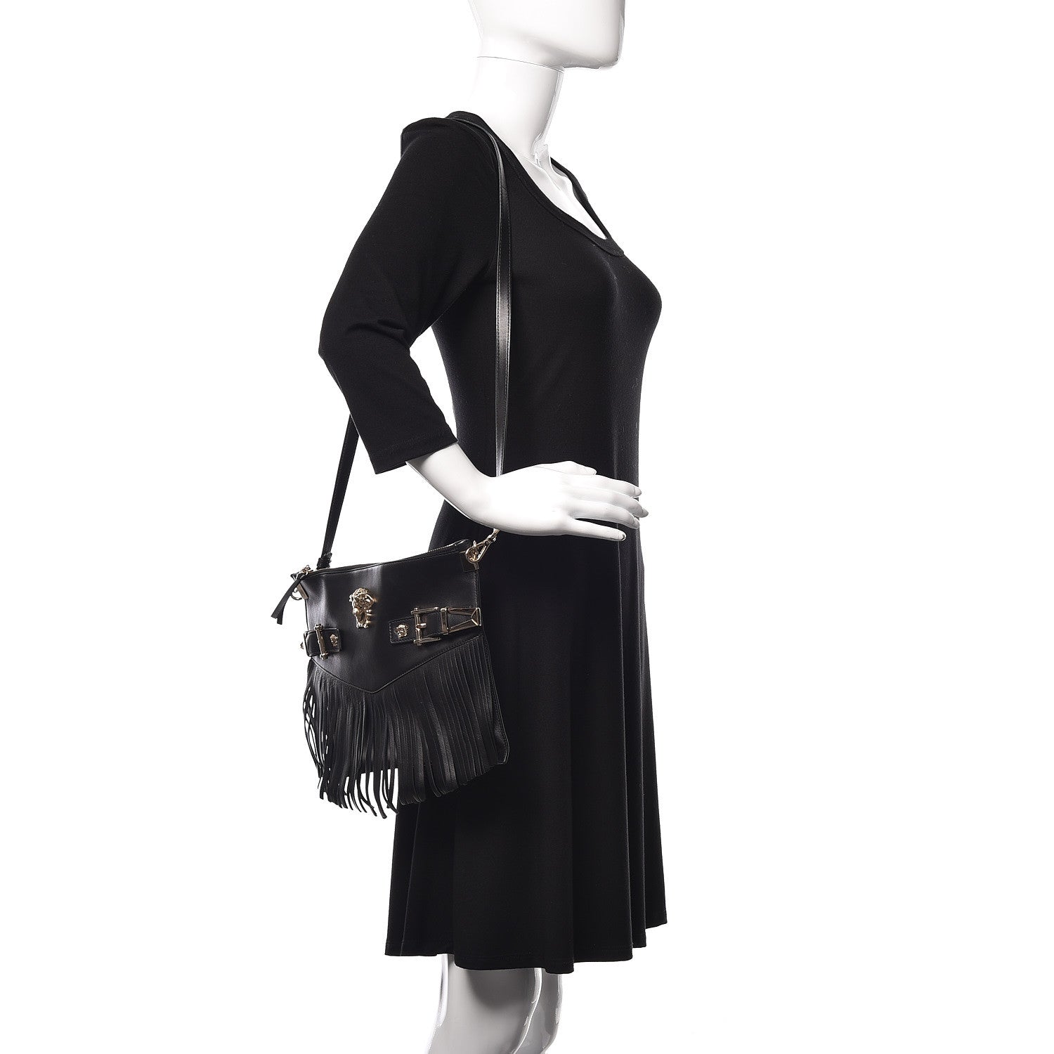 Versace Calfskin Palazzo Fringe Crossbody Bag Black 2 of 9