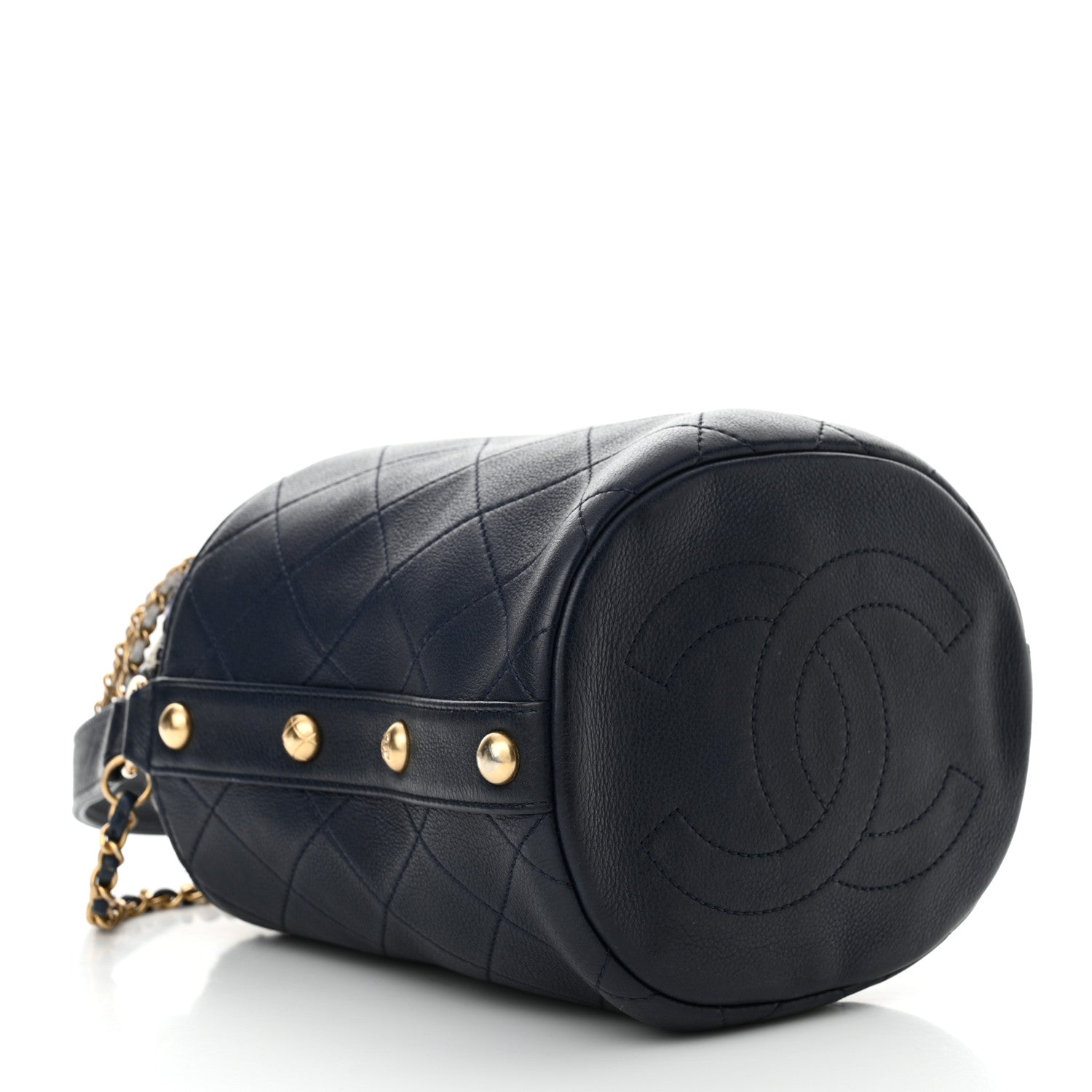 Chanel Calfskin Tweed Medium CC Chain Bucket Drawstring Bag Navy Blue Multicolor 4 of 13