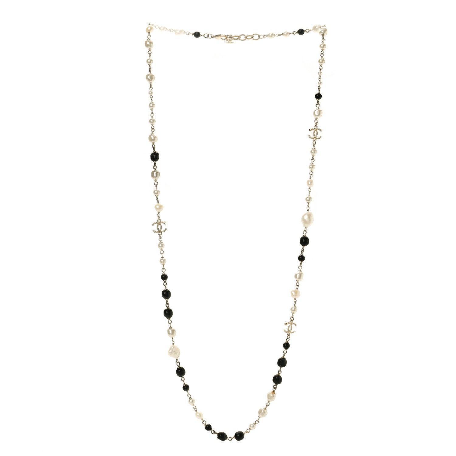 Chanel Pearl Beaded Crystal CC Long Necklace Gold Black White 4 of 6