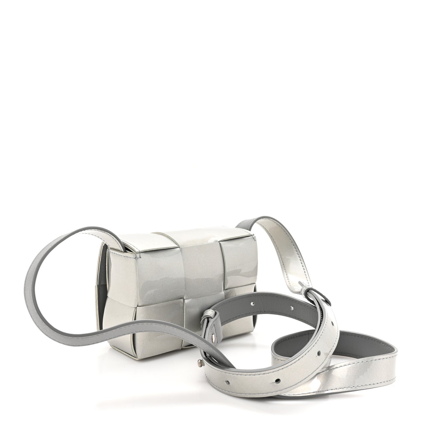 Metallic Patent Calfskin Maxi Intrecciato Extra Mini Cassette Crossbody Bag Silver