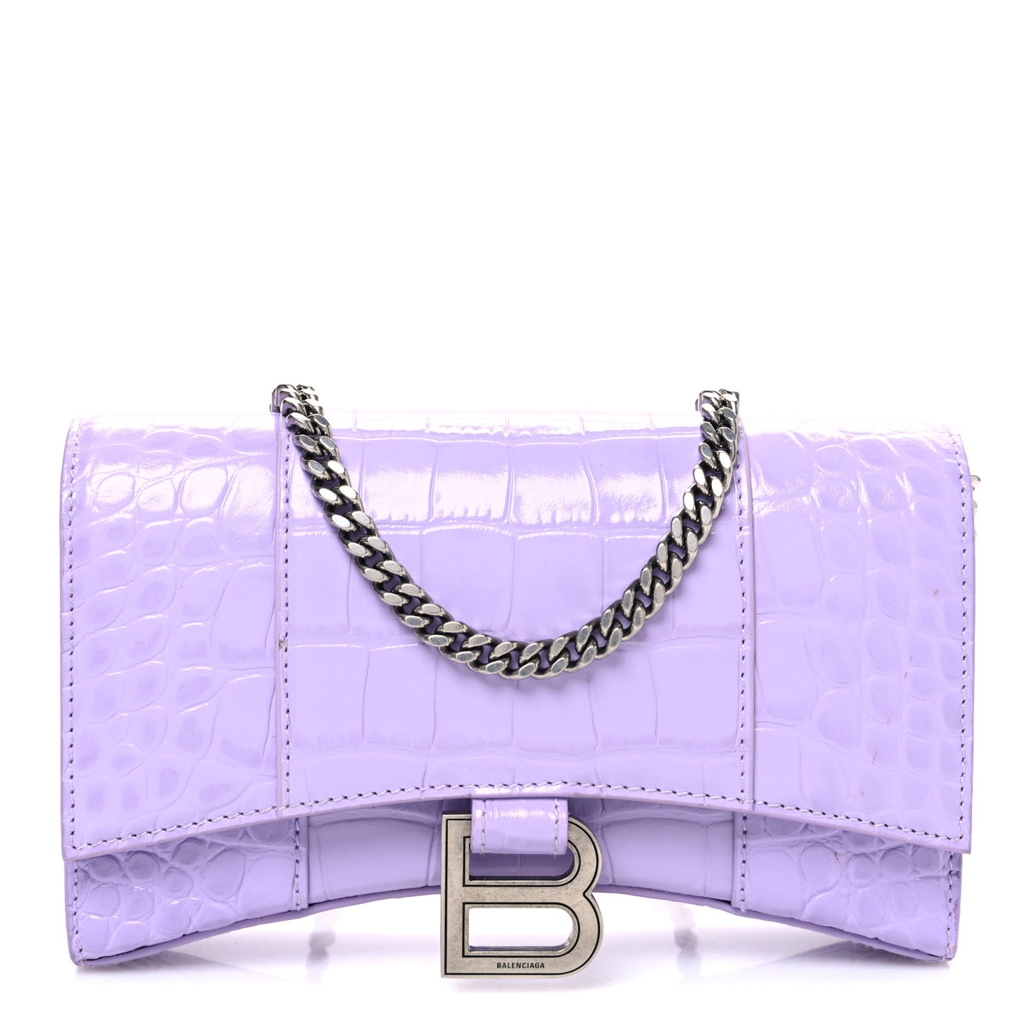 Shiny Calfskin Crocodile Embossed Hourglass Chain Bag Lilac