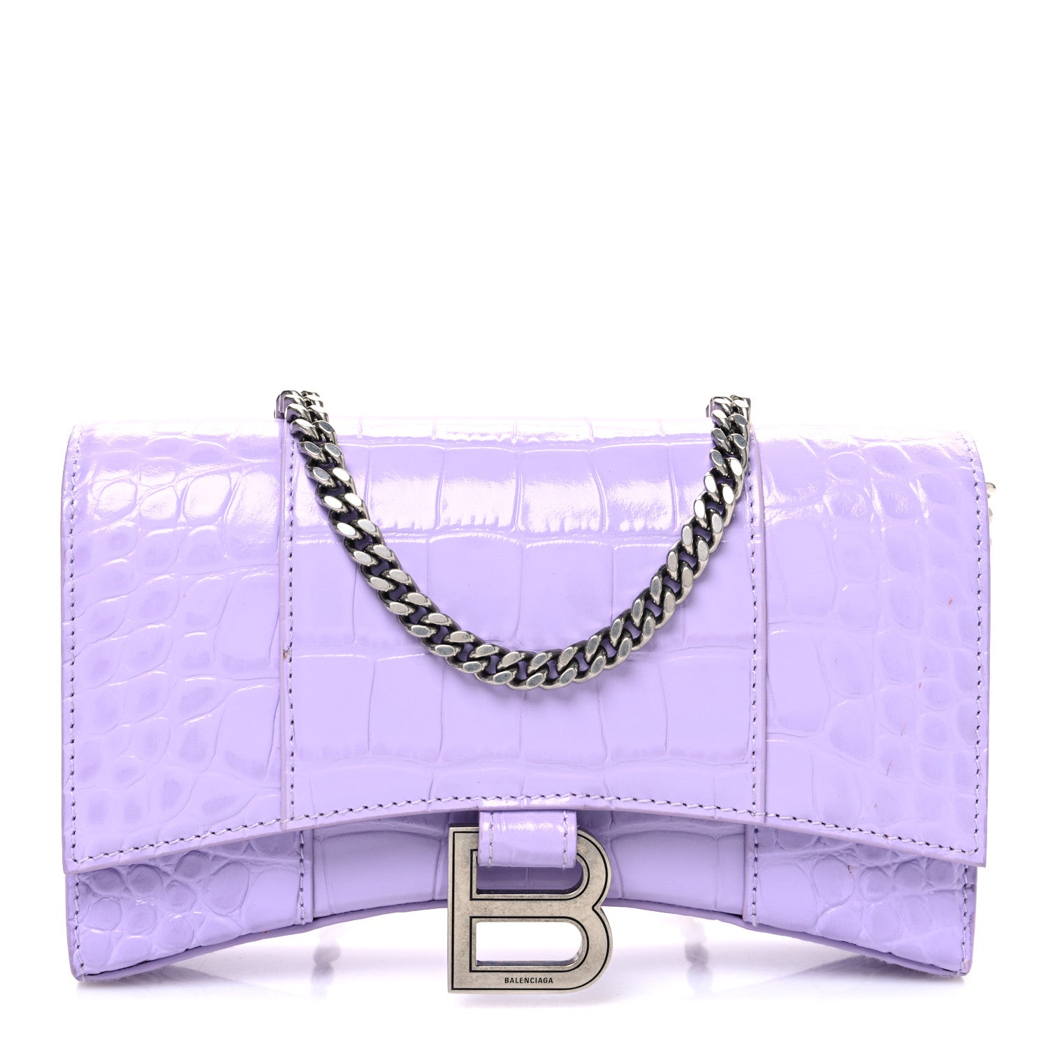 Balenciaga Shiny Calfskin Crocodile Embossed Hourglass Chain Bag Lilac 1 of 10