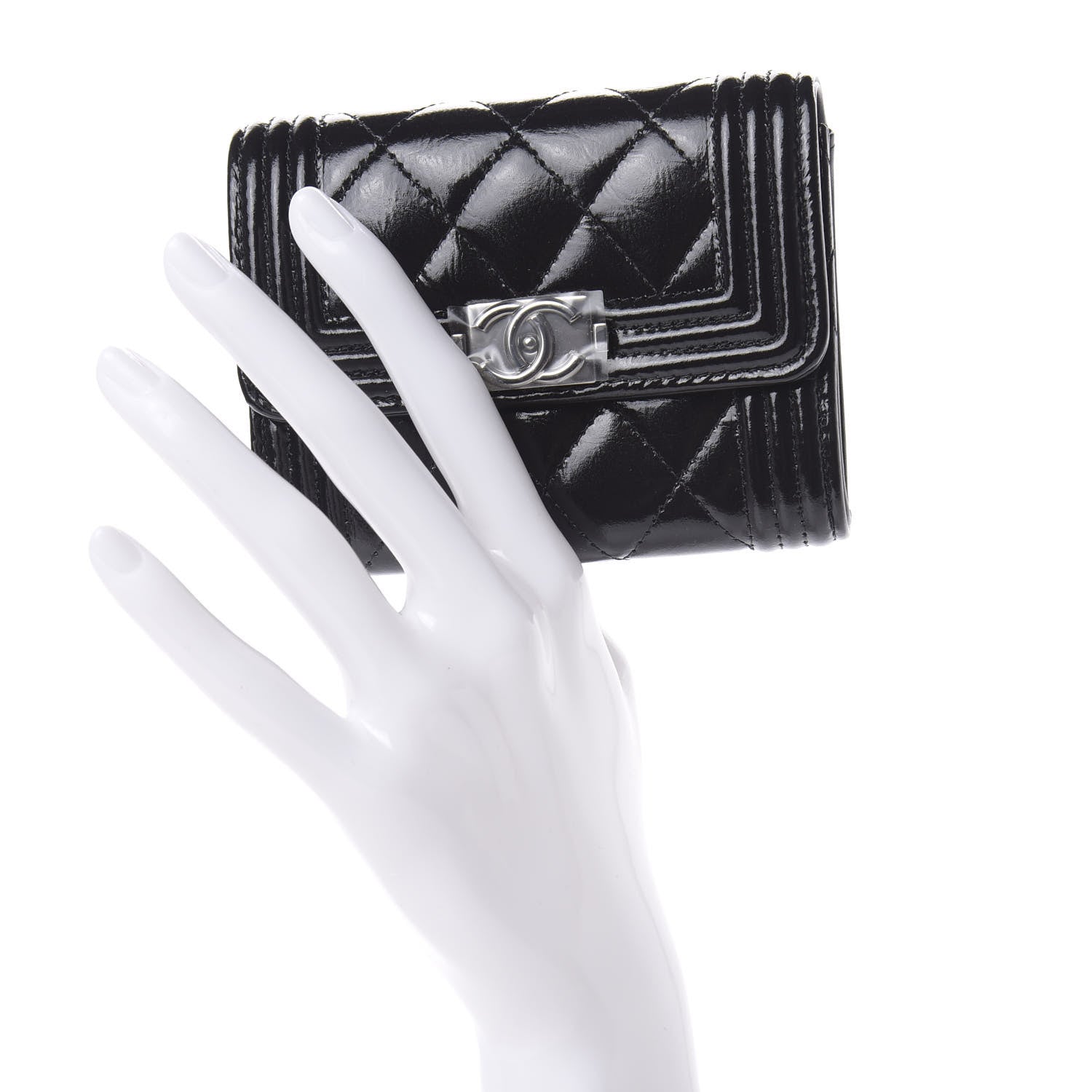 Chanel Distressed Patent Quilted Boy Flap Card Holder Wallet Black 2 of 9