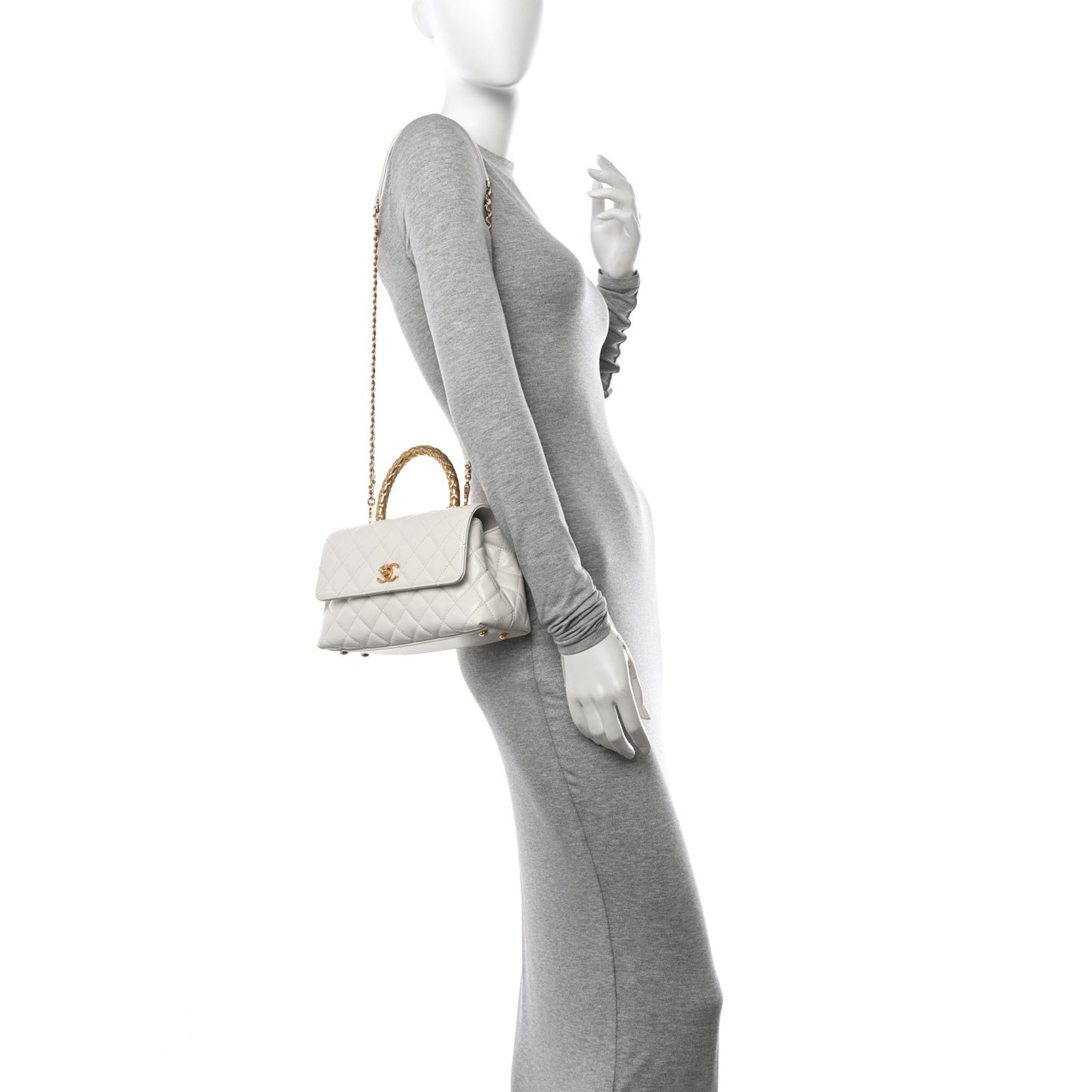 Shiny Calfskin Quilted Mini Coco Chain Gold Handle Flap White