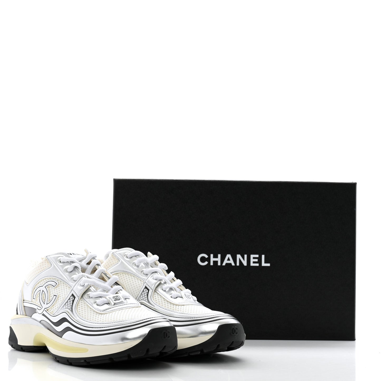 Fabric Laminated Calfskin Stretch CC Sneakers 40 White Gold Silver