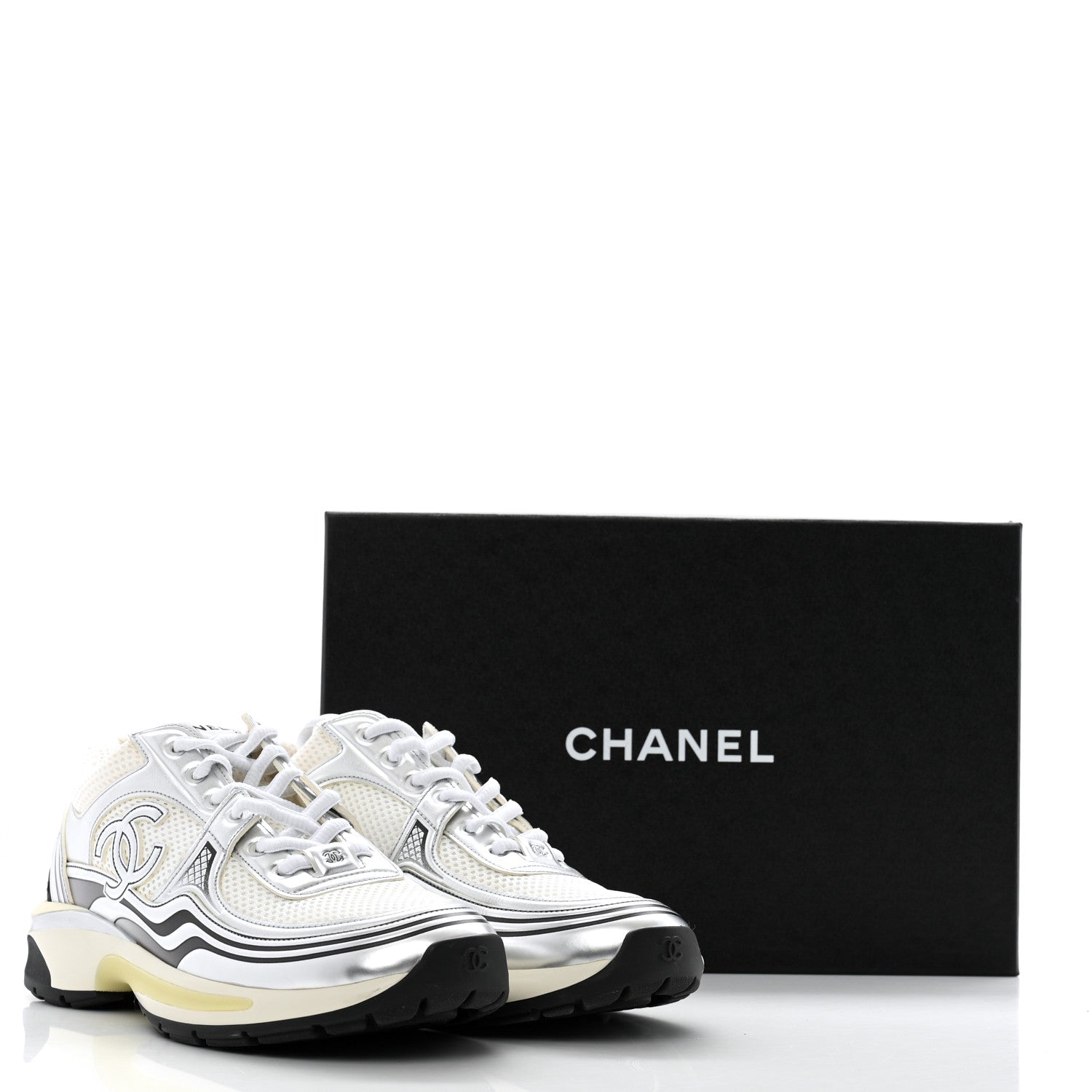 Chanel Fabric Laminated Calfskin Stretch CC Sneakers 40 White Gold Silver 10 of 10