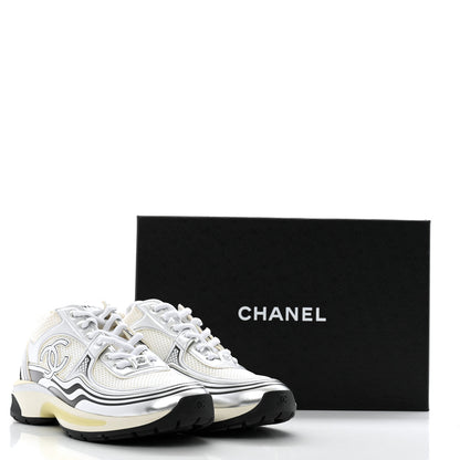 Chanel Fabric Laminated Calfskin Stretch CC Sneakers 40 White Gold Silver 10 of 10