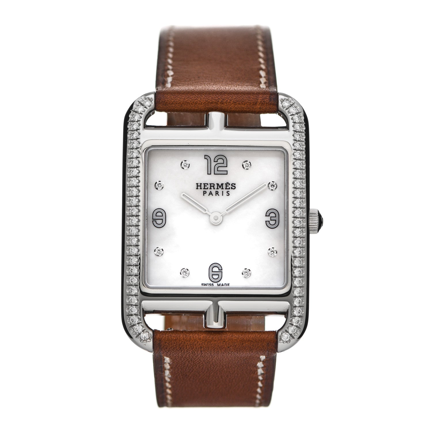 Hermes Stainless Steel Barenia Diamond Bezel Mother of Pearl 29mm Cape Cod Quartz Watch Fauve 1 of 5