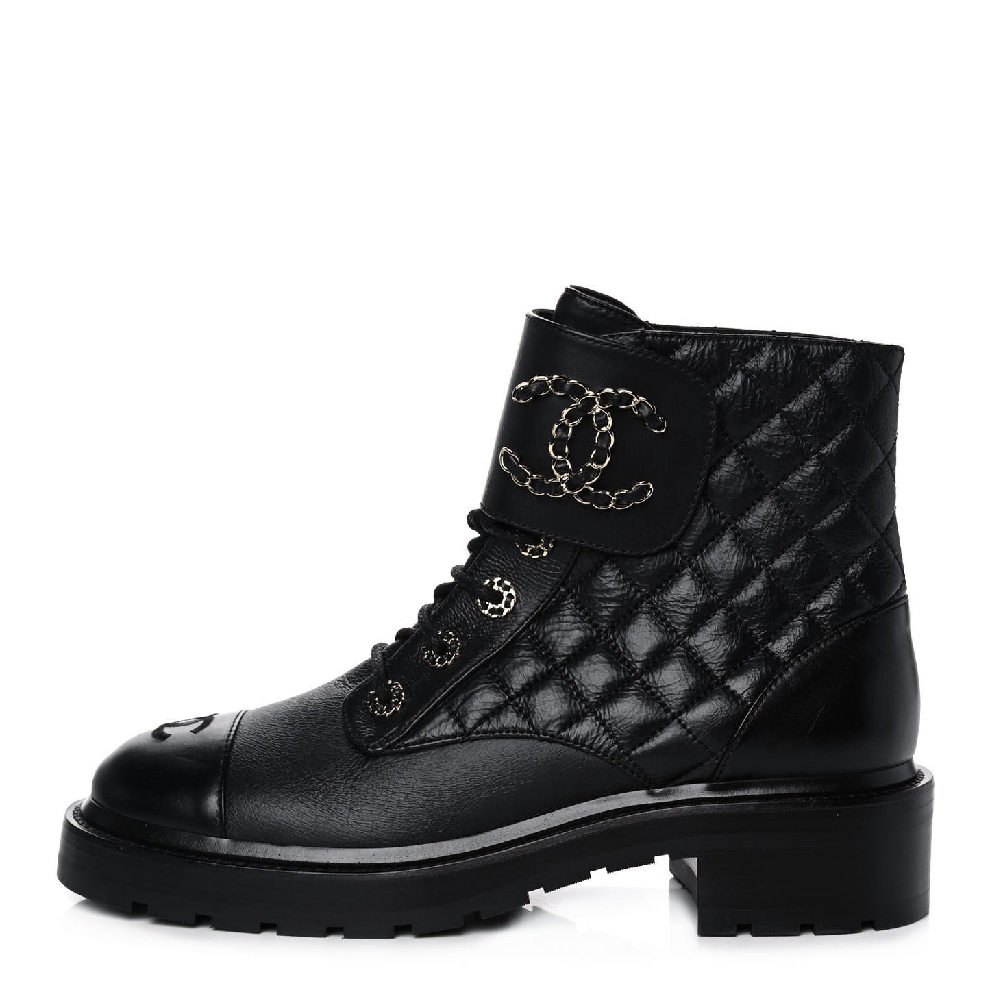 Shiny Goatskin Calfskin Quilted Lace Up Combat Boots 40 Black