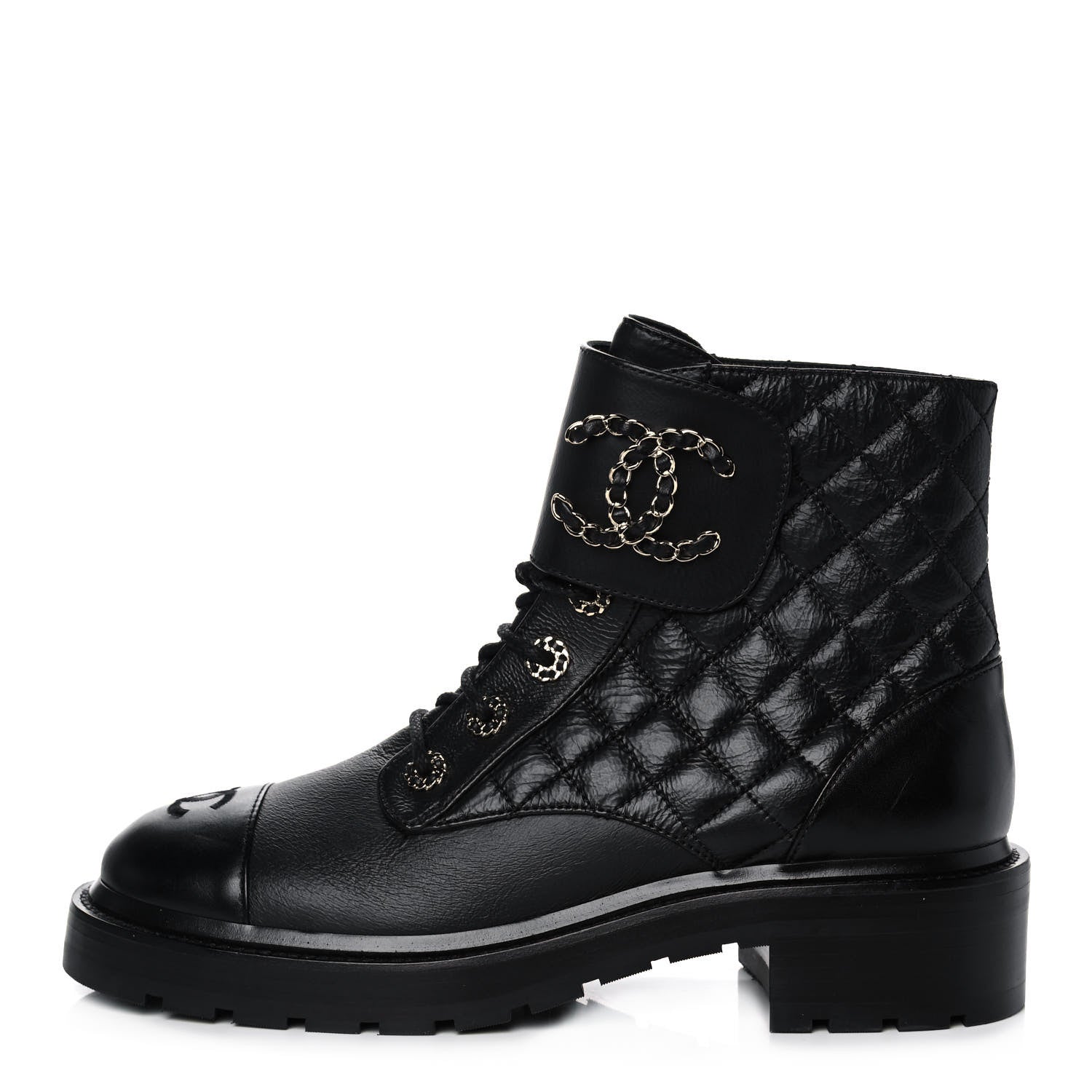 Chanel Shiny Goatskin Calfskin Quilted Lace Up Combat Boots 40 Black 2 of 20