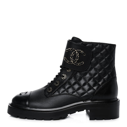 Chanel Shiny Goatskin Calfskin Quilted Lace Up Combat Boots 40 Black 2 of 20
