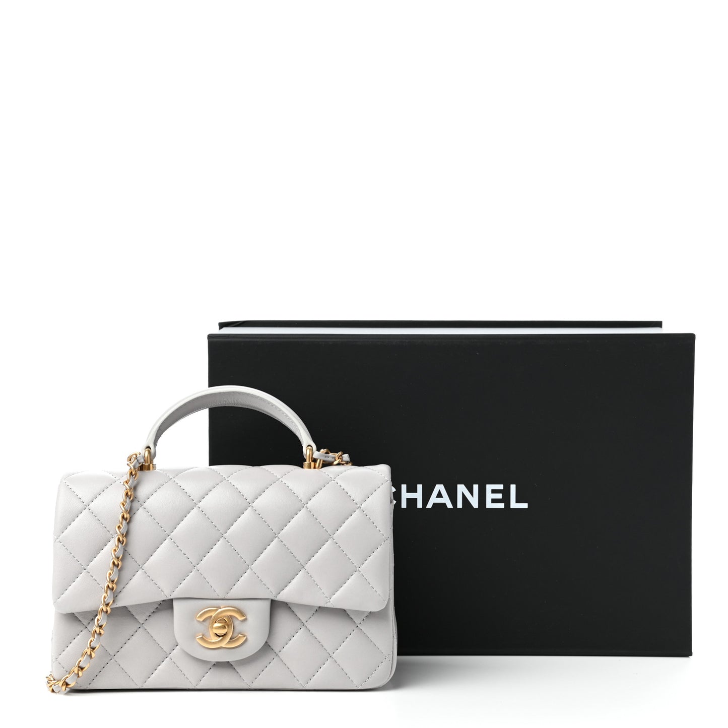 Lambskin Quilted Mini Top Handle Rectangular Flap Grey