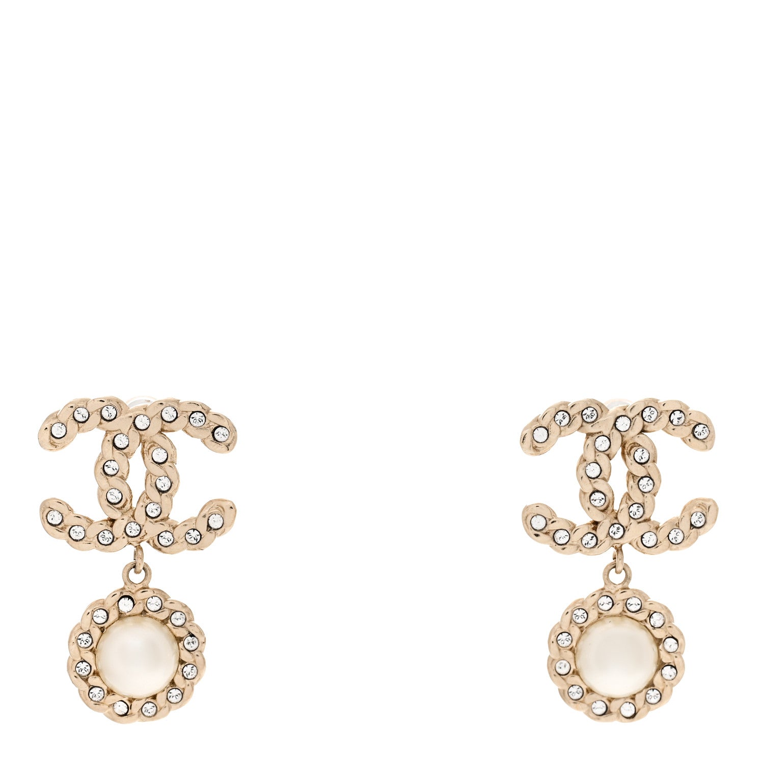 Chanel Crystal Pearl Pearls Coronation CC Drop Clip On Earrings Gold 1 of 5