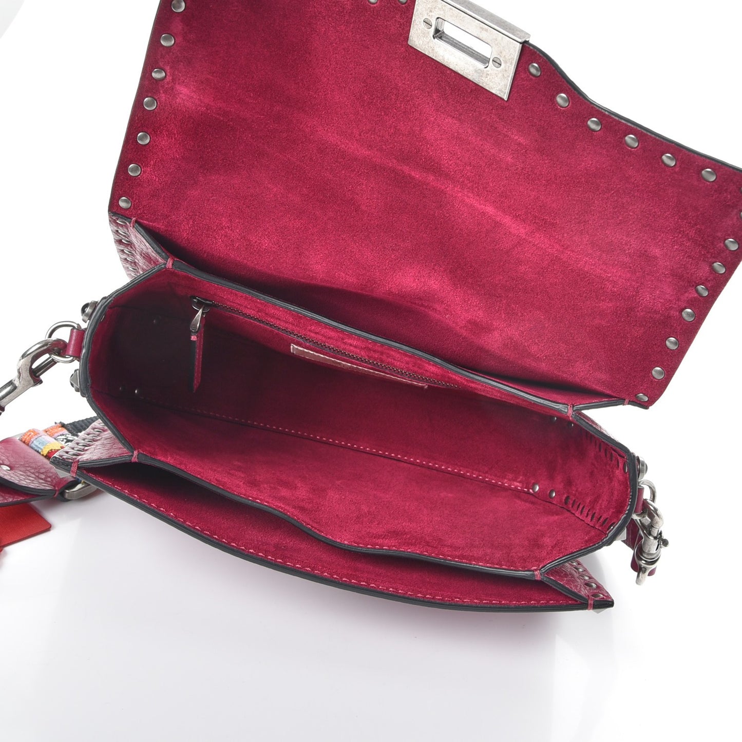 Grained Calfskin Onyx Medium Guitar Strap Rockstud Rolling Flap Saddle Bag Disco Pink