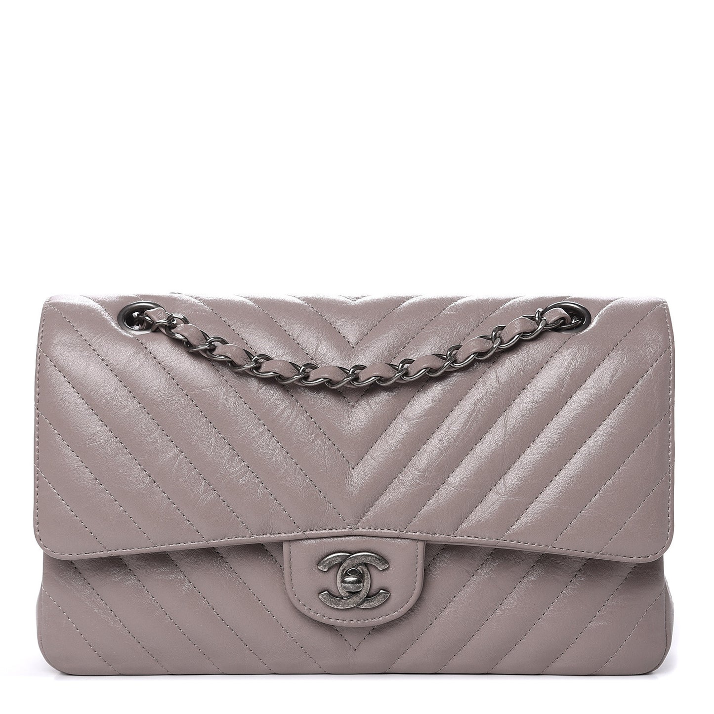 Iridescent Calfskin Chevron Quilted Medium Double Flap Grey