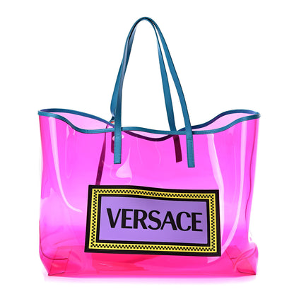 Versace Vinyl Calfskin 90s Logo Tote Pink Blue 3 of 9