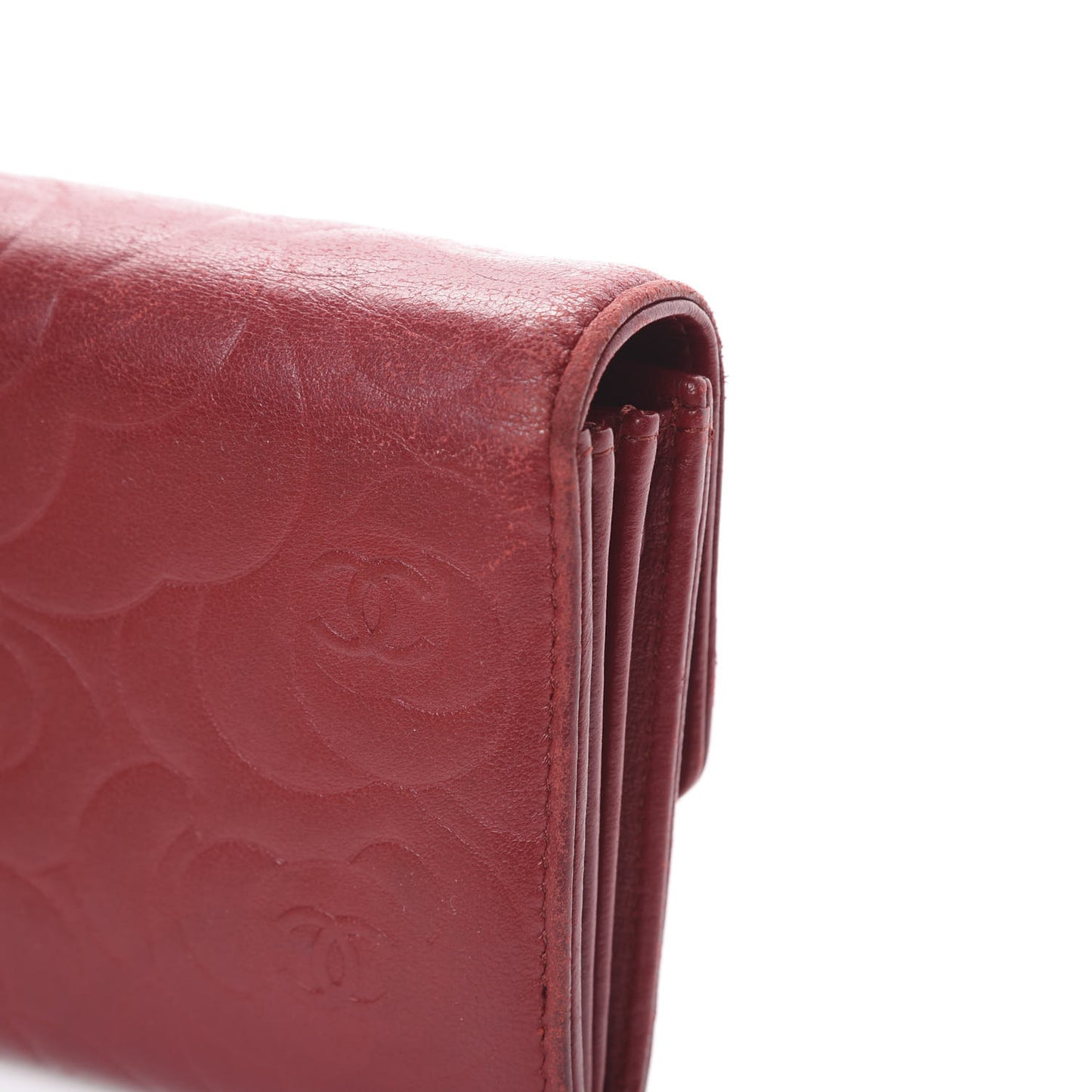 Lambskin Camellia Embossed Flap Wallet Red