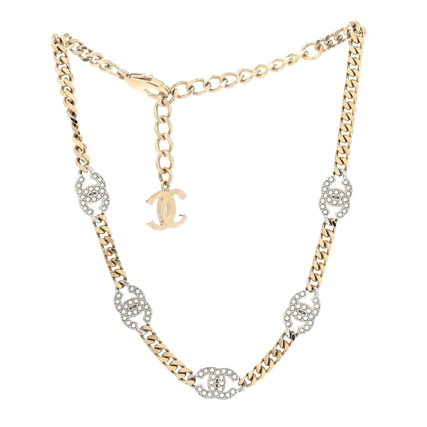 Chanel Crystal Chain CC Necklace Gold Silver 3 of 5
