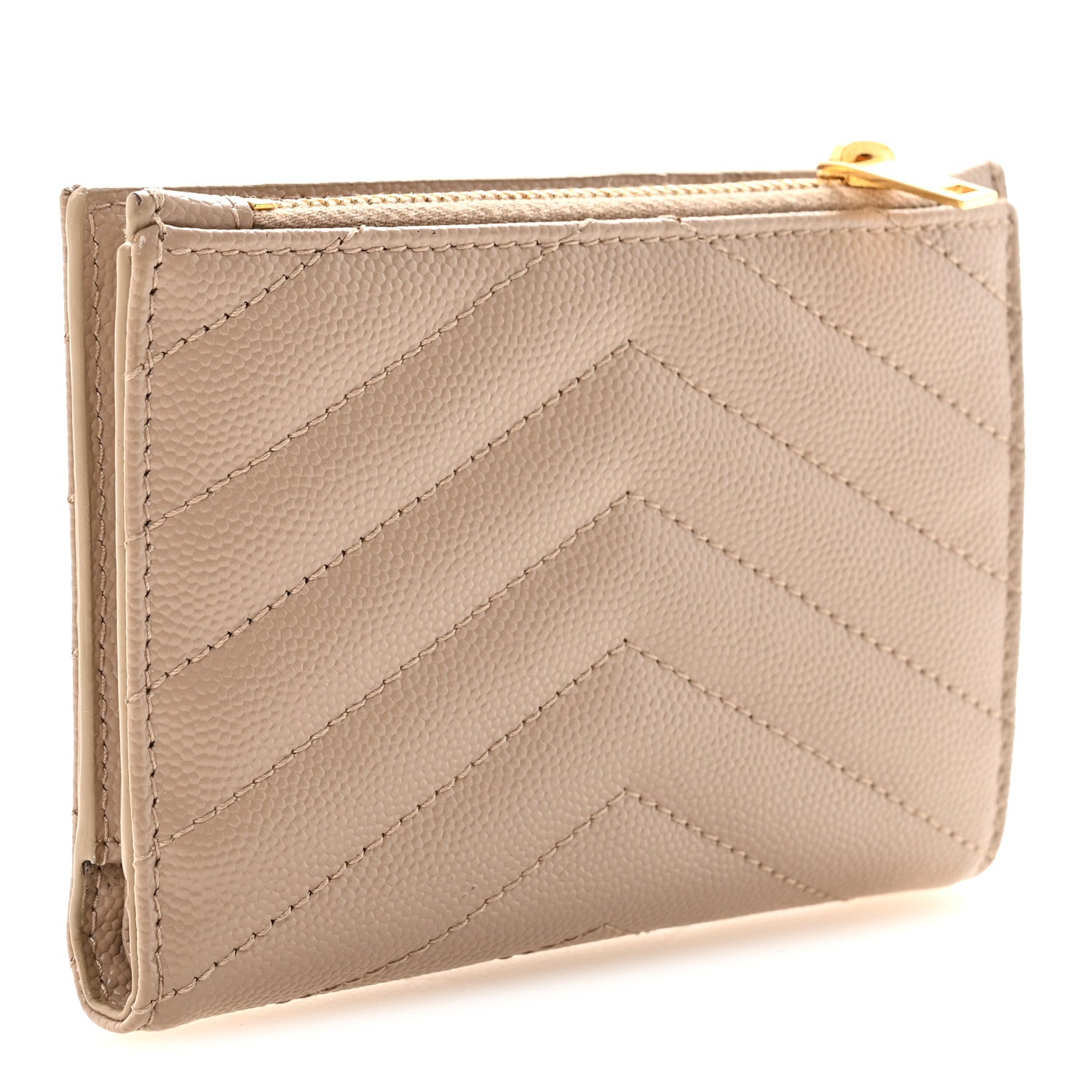 Saint Laurent Grain De Poudre Matelasse Chevron Monogram Zipped Card Case Dark Beige 3 of 7
