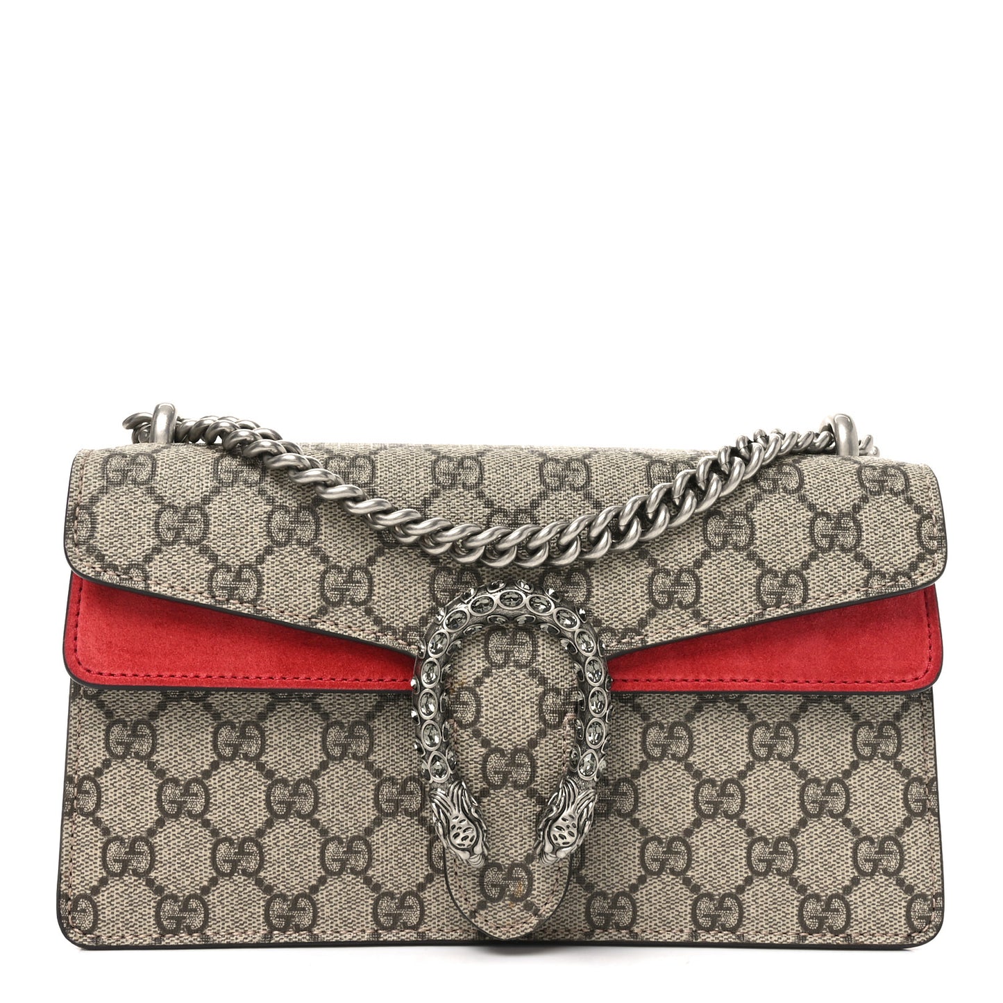 GG Supreme Monogram Suede Crystal Small Dionysus Shoulder Bag Beige Ebony Vulcanic Red