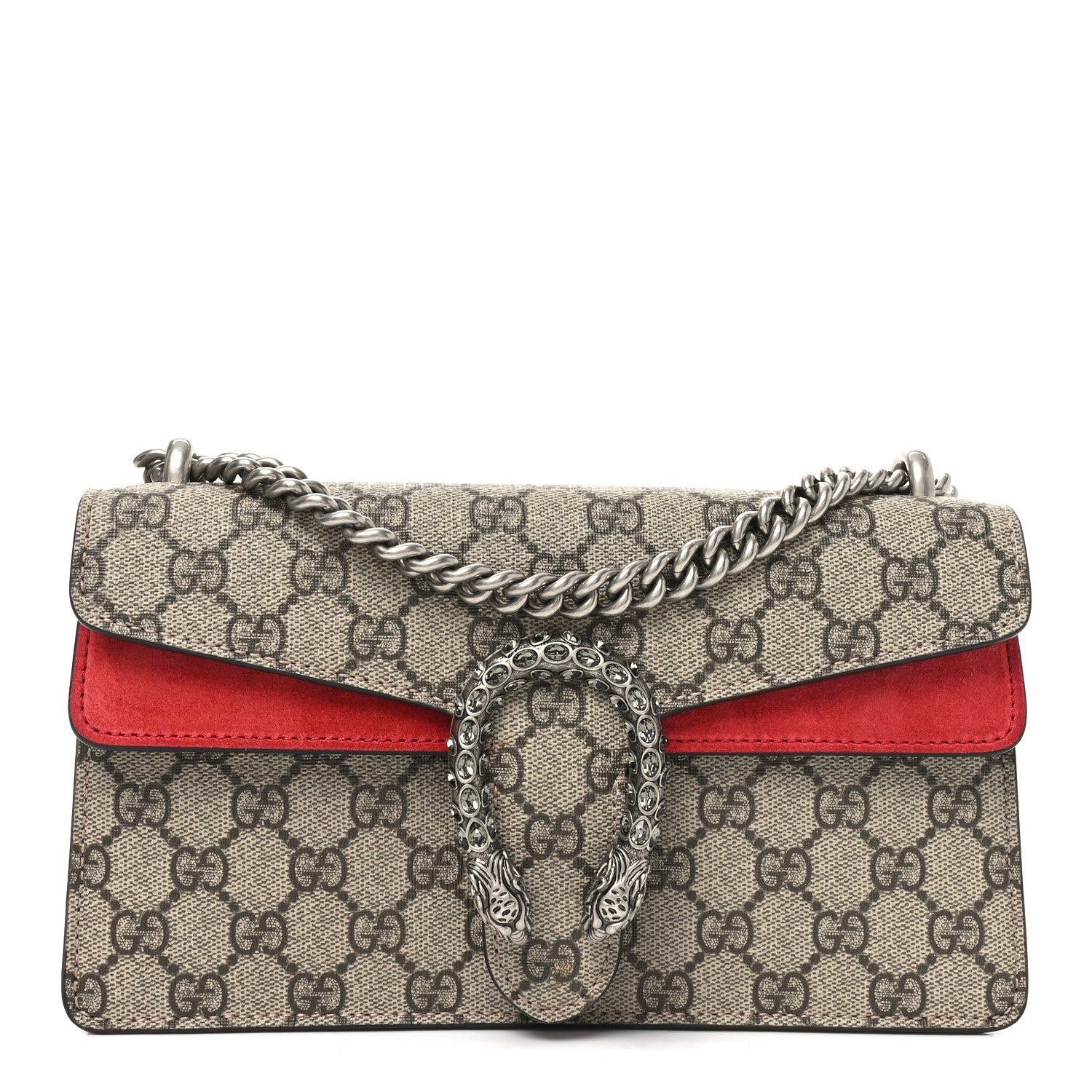 Gucci GG Supreme Monogram Suede Crystal Small Dionysus Shoulder Bag Beige Ebony Vulcanic Red 1 of 9