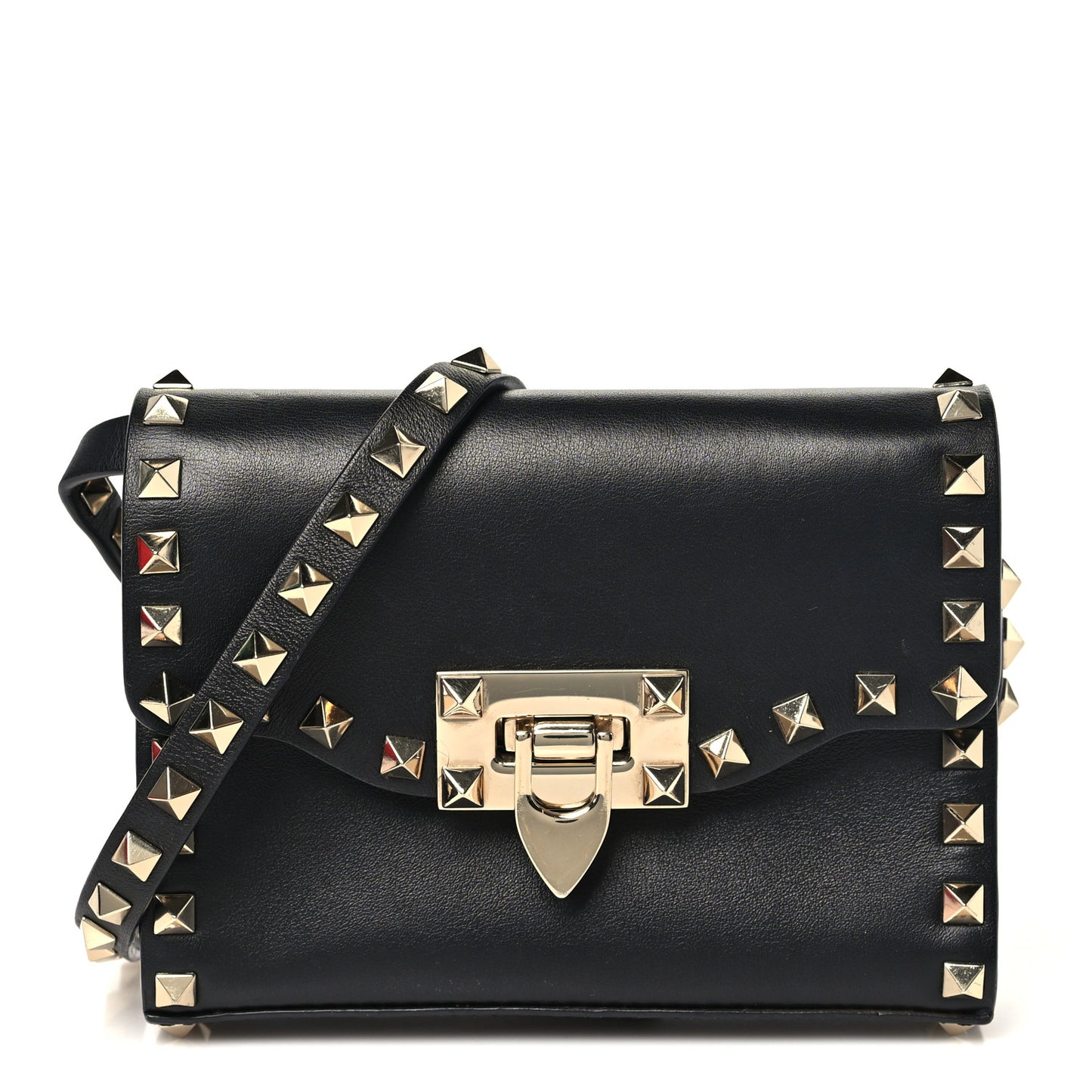 Pebbled Calfskin Rockstud Flip Lock Crossbody Bag Black