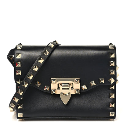 Valentino Garavani Pebbled Calfskin Rockstud Flip Lock Crossbody Bag Black 1 of 8