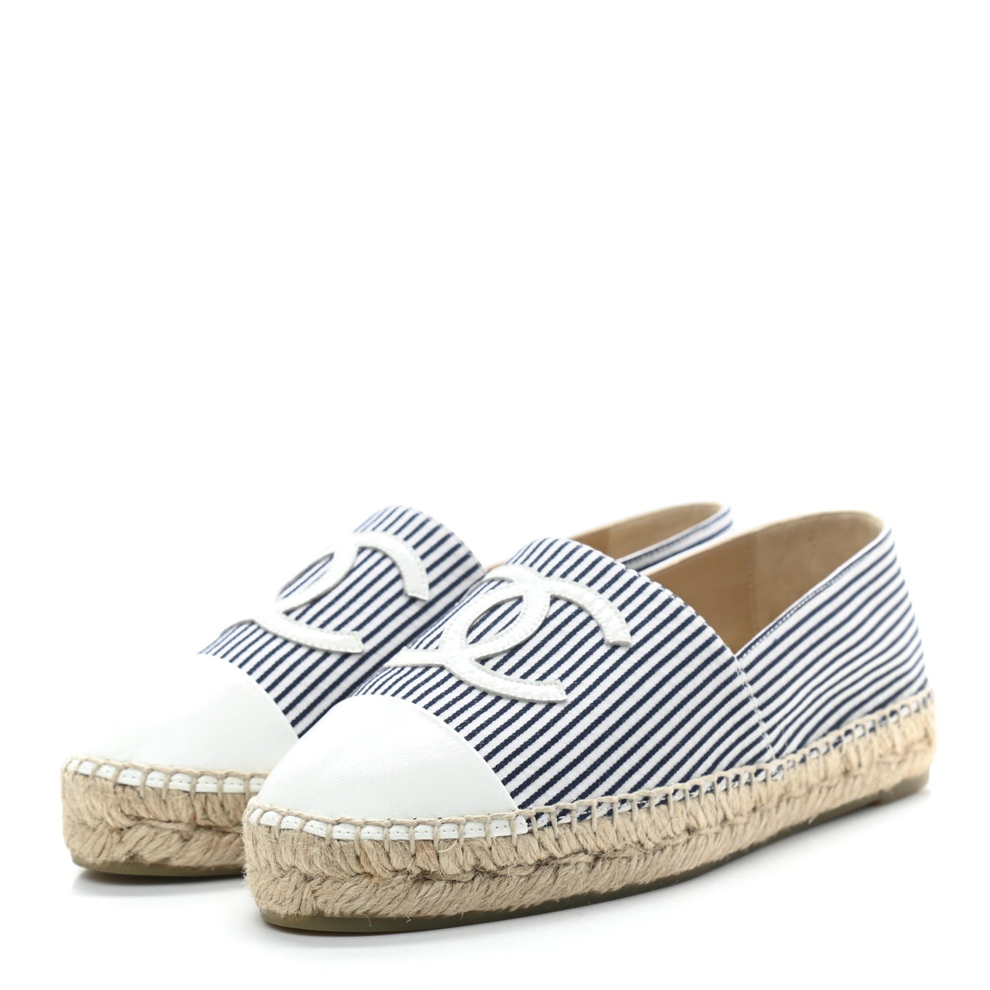 Canvas Striped Patent CC Espadrilles 37 Ivory Navy White